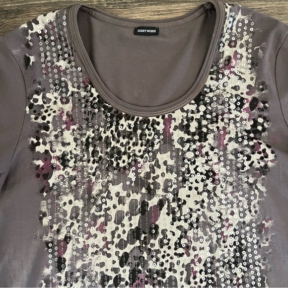 Gerry Weber Short Sleeves Brown Sequined Fitted Top Tee Shirt Sweetheart Neck L - Picture 8 of 12
